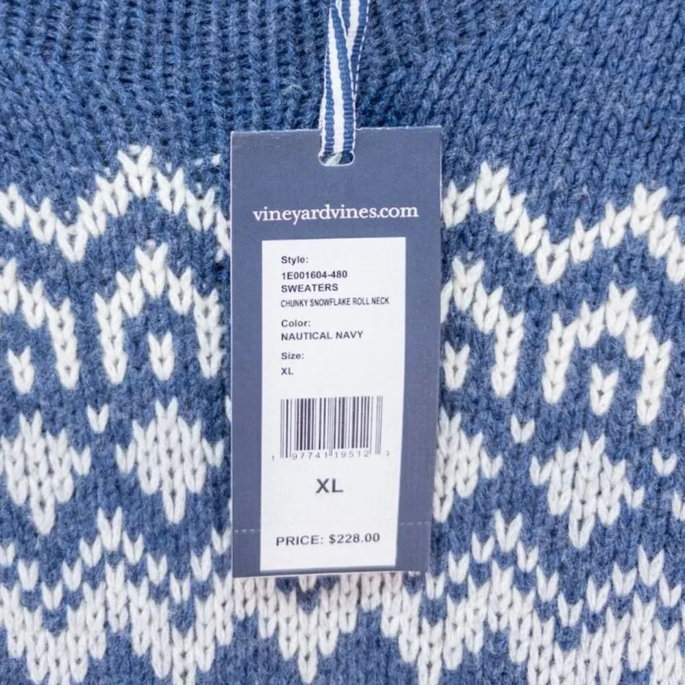Vineyard Vines Chunky Snowflake Roll Neck Sweater Nordic Navy XL NWT Merino Wool